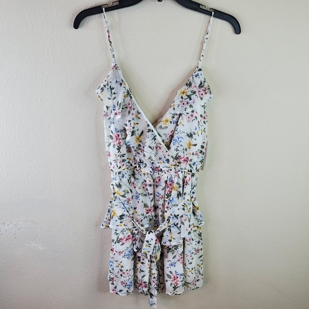 Row A Womens White Floral Print Strappy Ruffle Romper S
